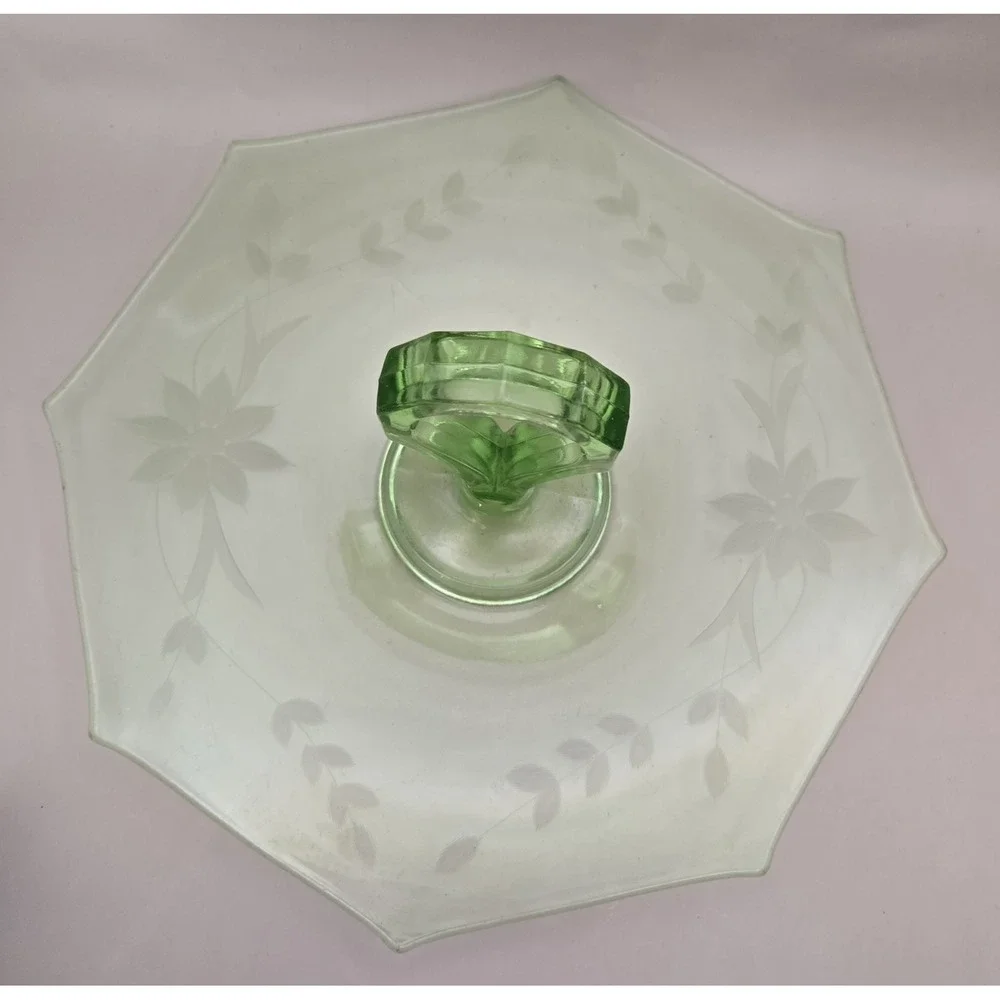 VTG Uranium Platter Glossy Depression Glass  Center Handle Octagon Floral Etched